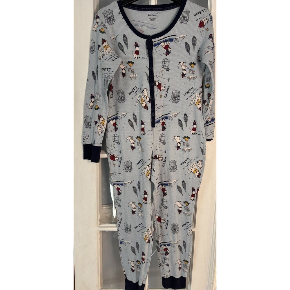 LL Bean Women’s PM Long John Waffle Cotton One Piece Union Jack Sledding Dog